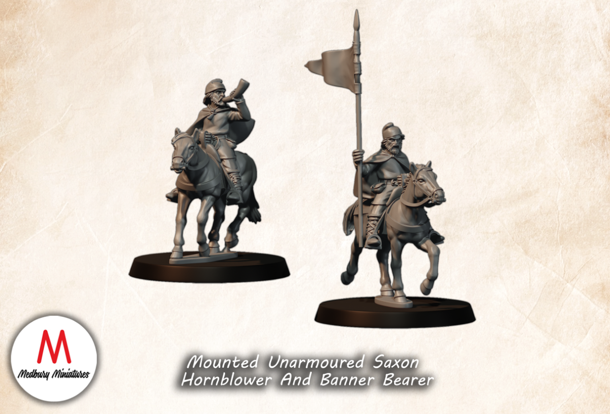 Mounted Unarmoured Saxon Hornblower And Banner Bearer