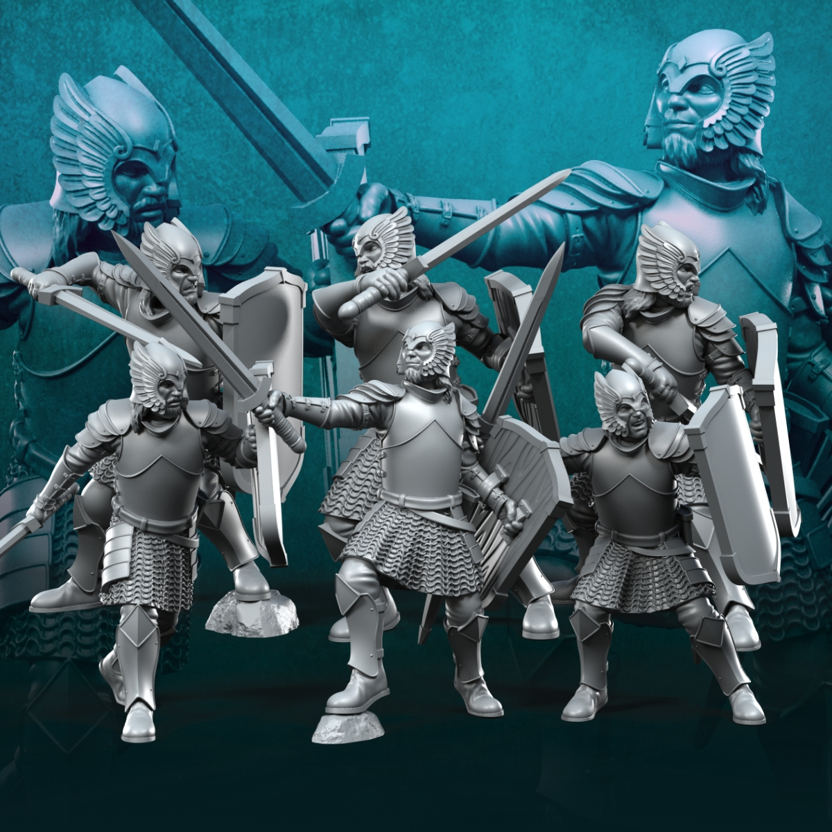 6 guerreros del Castillo Gris con espadas