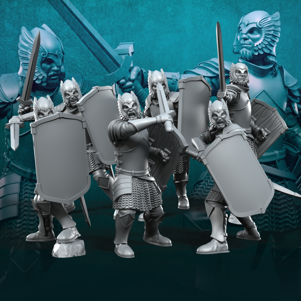 6 guerreros del Castillo Gris con espadas