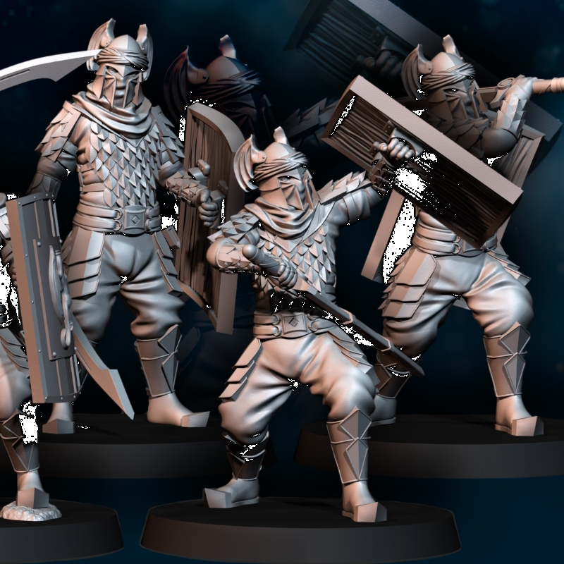 6 guerreros regulares del Ejército del Dragón con espada y escudo