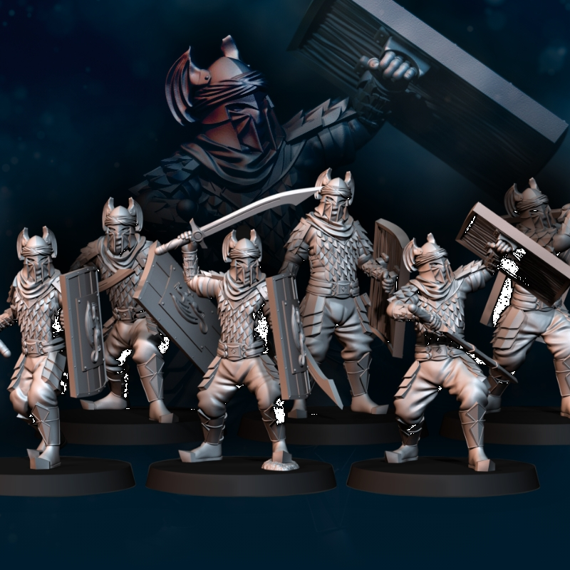 6 guerreros regulares del Ejército del Dragón con espada y escudo
