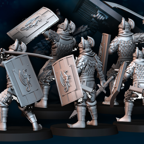 6 guerreros regulares del Ejército del Dragón con espada y escudo