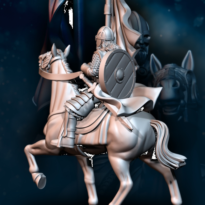 Hombre del Oeste a caballo con estandarte