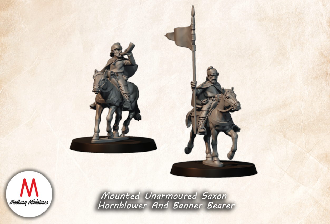 Mounted Unarmoured Saxon Hornblower And Banner Bearer